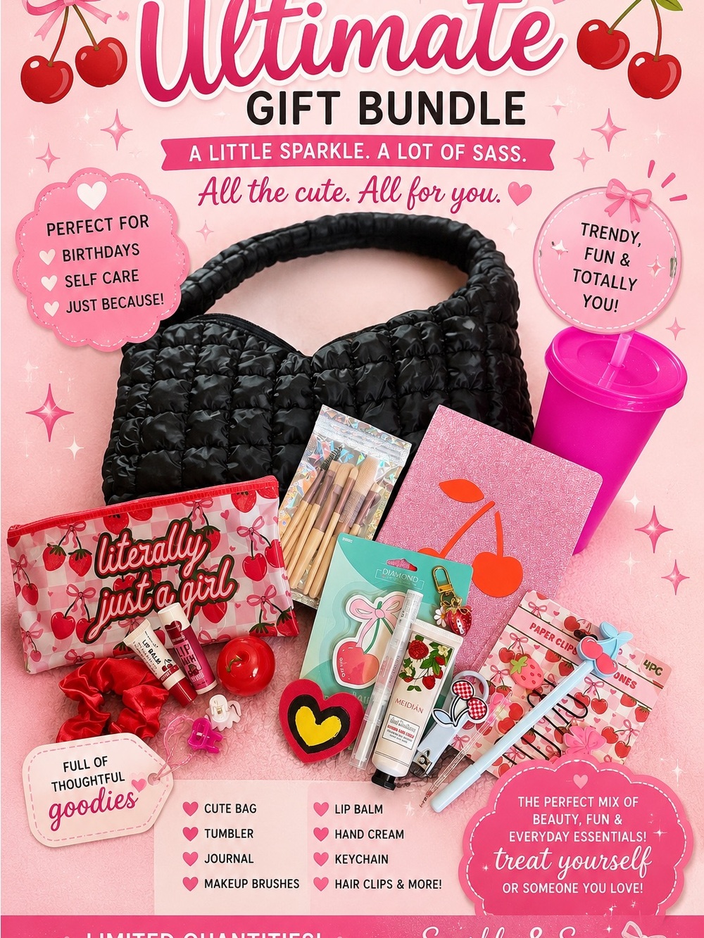 Black Quilted Shoulder Bag - Cute Gift Bundle Accent